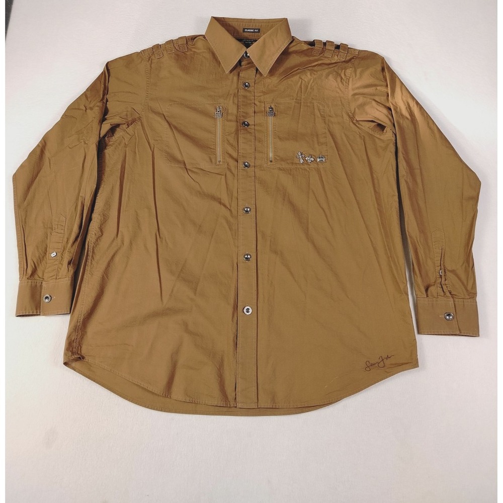 Sean John Shirt Mens 2XL Brown Cross Crown Embroidered Zip Pockets Classic